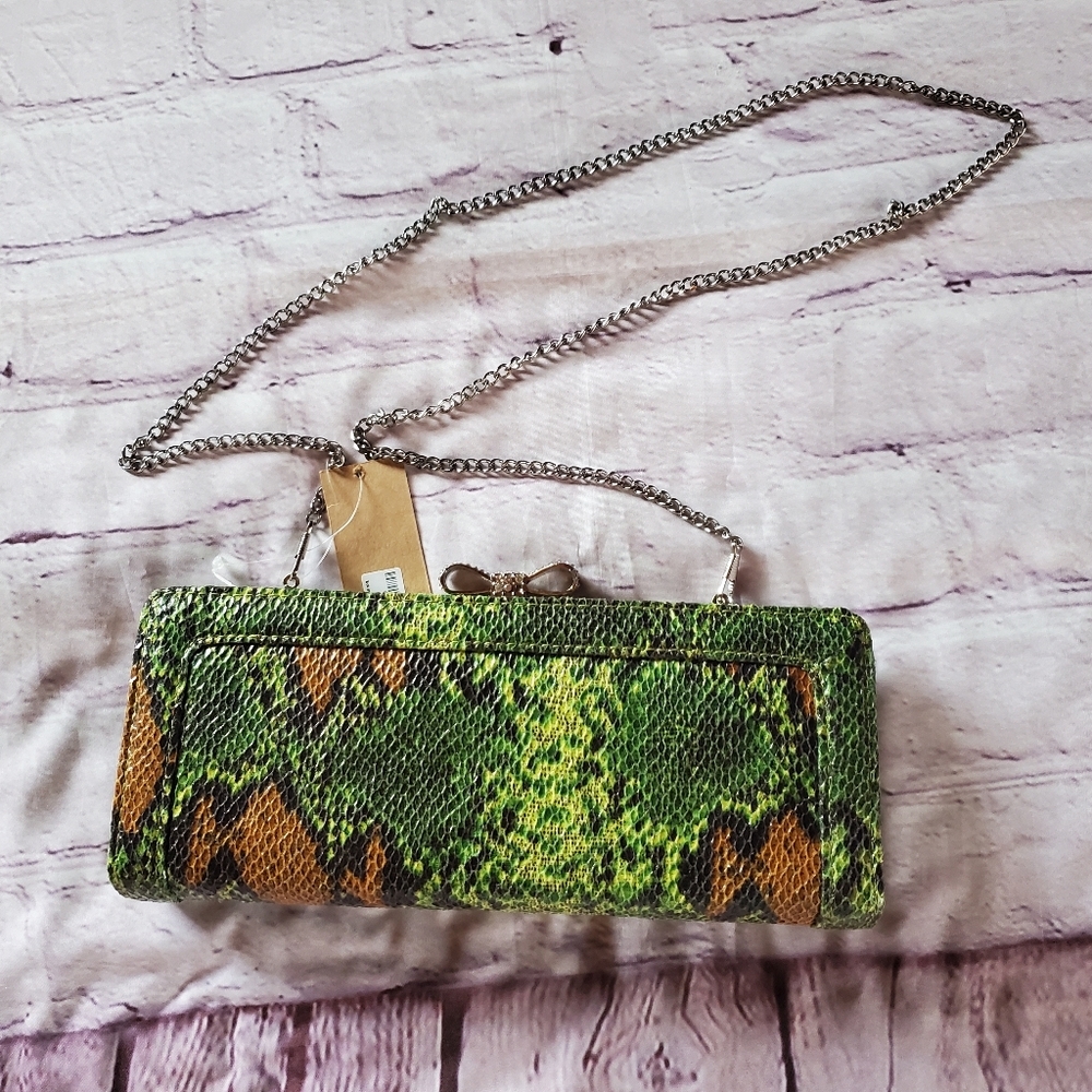 Green Brown Snake Python Print Clutch With Chain Shoulder Bag Formal Emerald